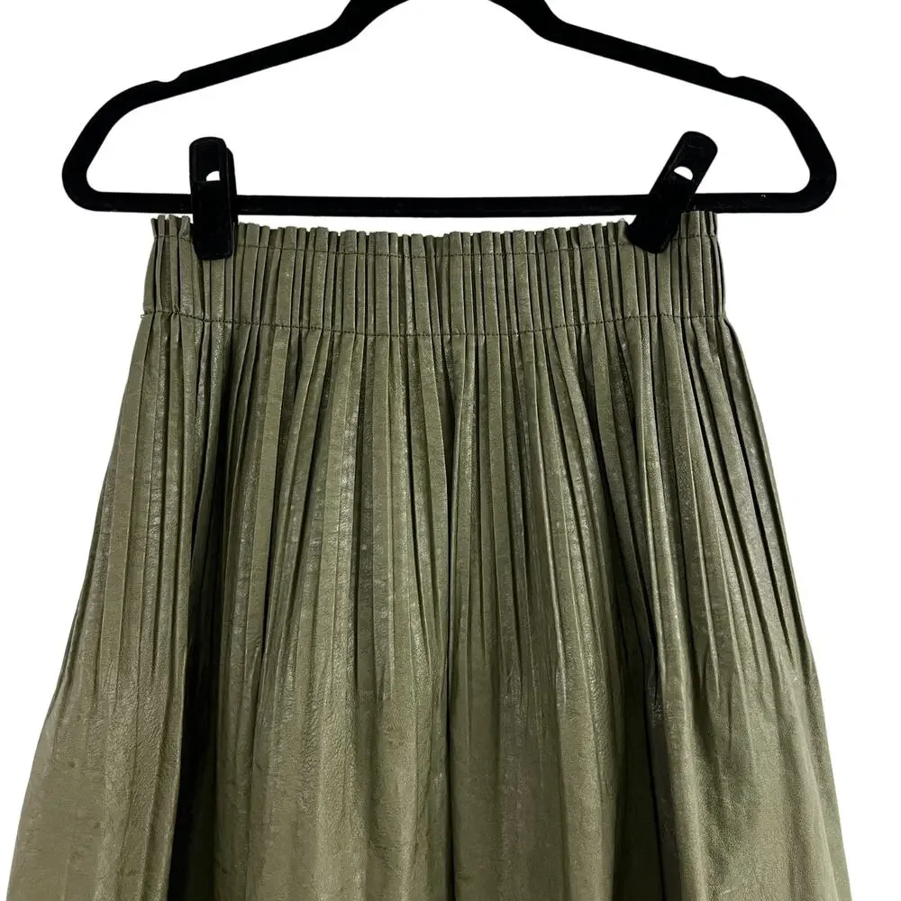 Anthropologie Faux Leather Olive Green Pleated Mini Skirt Women XS Indie Preppy